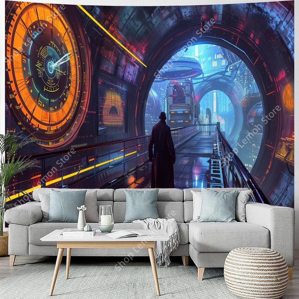 SciFi Cyber Tunnel Tapestry  Futuristic Neon Lights  Unique Wall Art for Home Decor Bedroom  SciFi Lover Gift