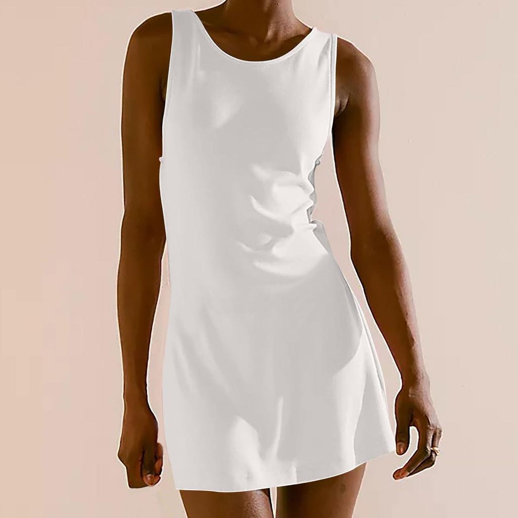 Women Sleeveless Casual Crew Neck Fitted Solid Tank Dress Soft Lightweight Simple Design Comfortable Mini Dress for Daily Wear