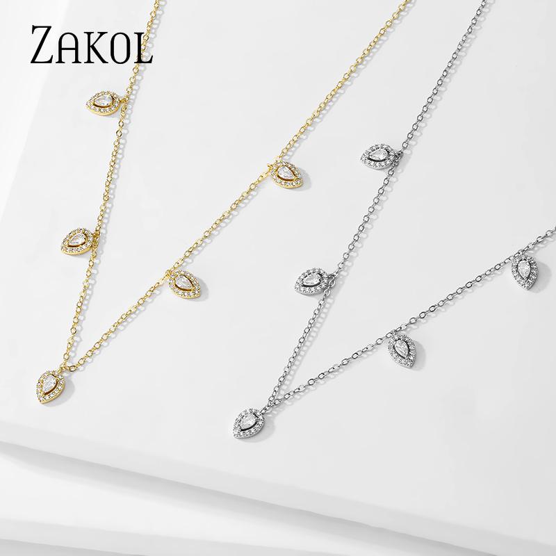 ZAKOL Korean Fashion Leaf Water Drop Choker Necklaces for Women AAA Cubic Zirconia Thin Chain Necklace Jewelry