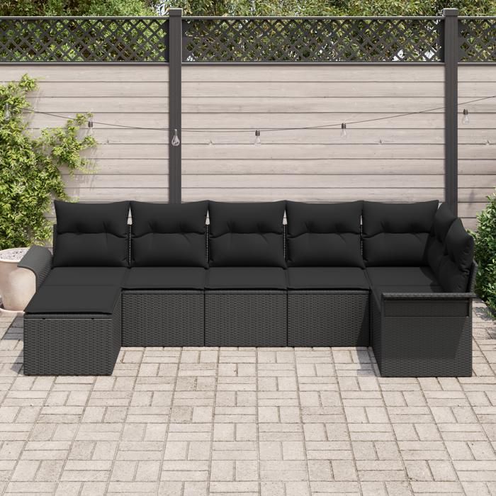 VidaXL Set de Canapés de Jardin 7 Pièces avec Coussins Noir Poly Rattan 3345453