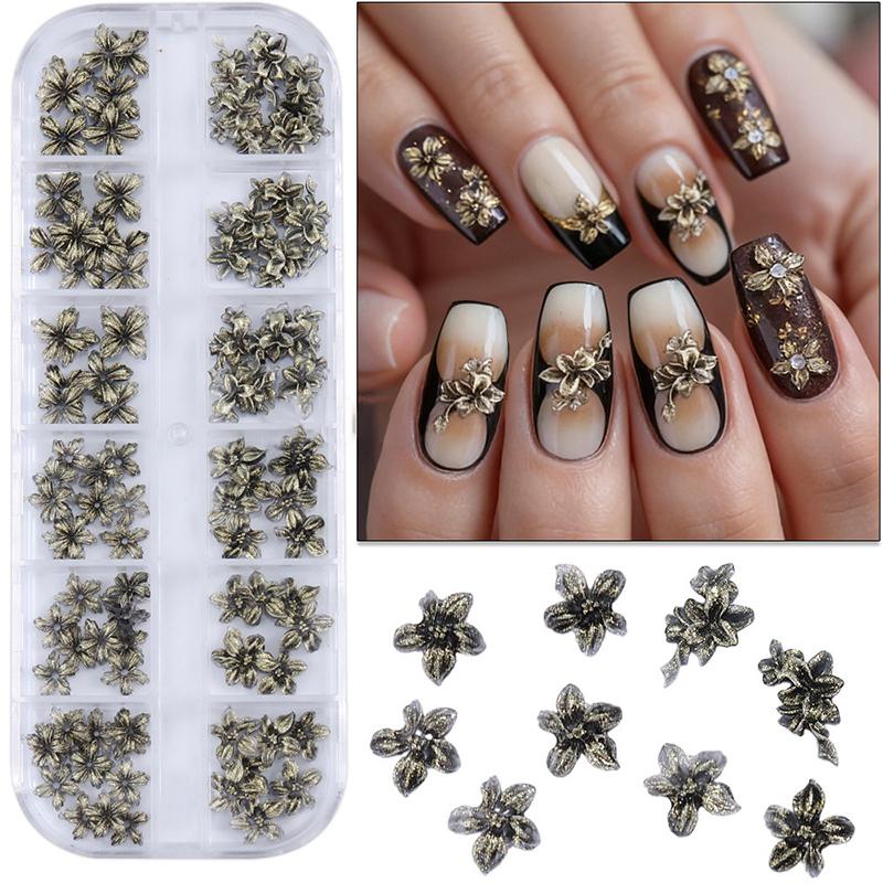 Vintage Gilded Flower Nail Rhinestones Nail Gems Kit Nail Art Charms DIY Nail Decoration Manicure Accessories Nail Salon