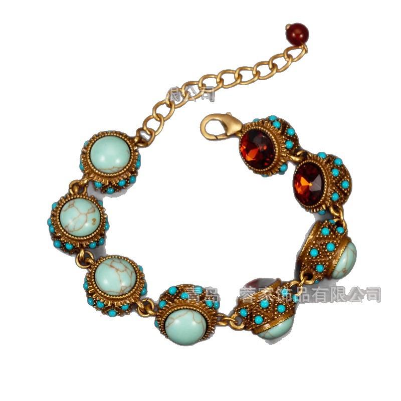 Vintage Jewelry Turquoise Natural Stone Inlaid With Zircon Bracelet Hollow Style