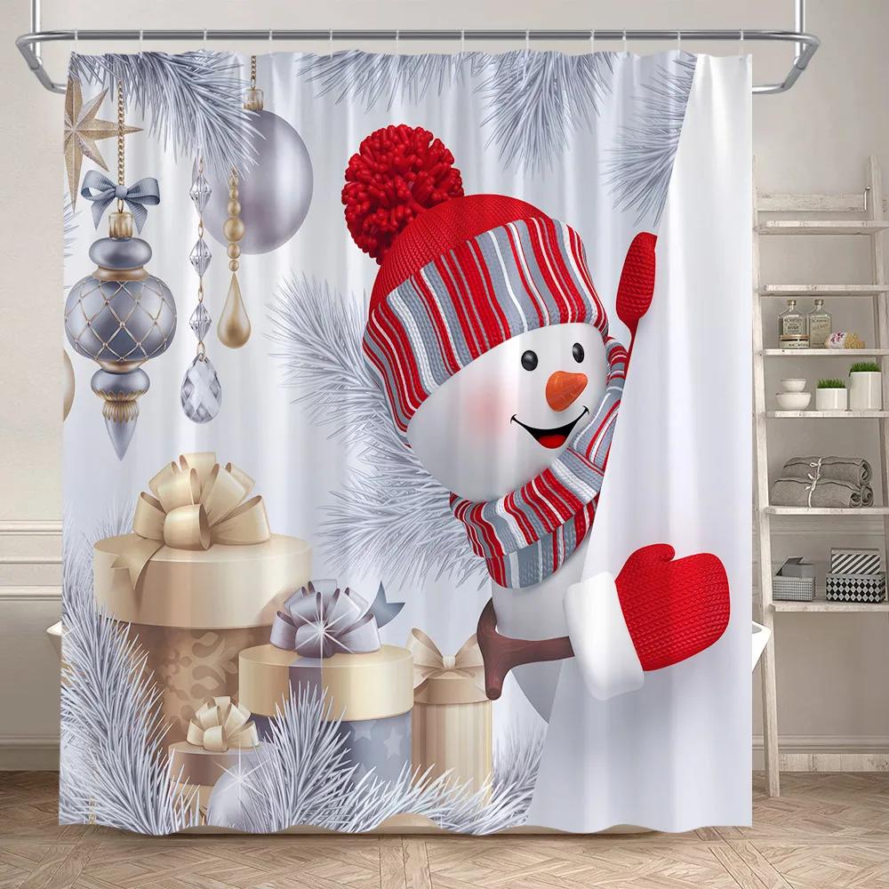 Funny Snowman Shower Curtain Set Xmas Ball Silver Pine Branches Gift Christmas Home Bathroom Decor Rug Bath Mat Toilet Lid Cover