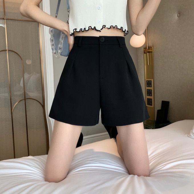 2024 Autumn/Winter Plus Size High Waist Woolen Wide Leg Shorts for Women - Black Casual Slimming Booty Shorts