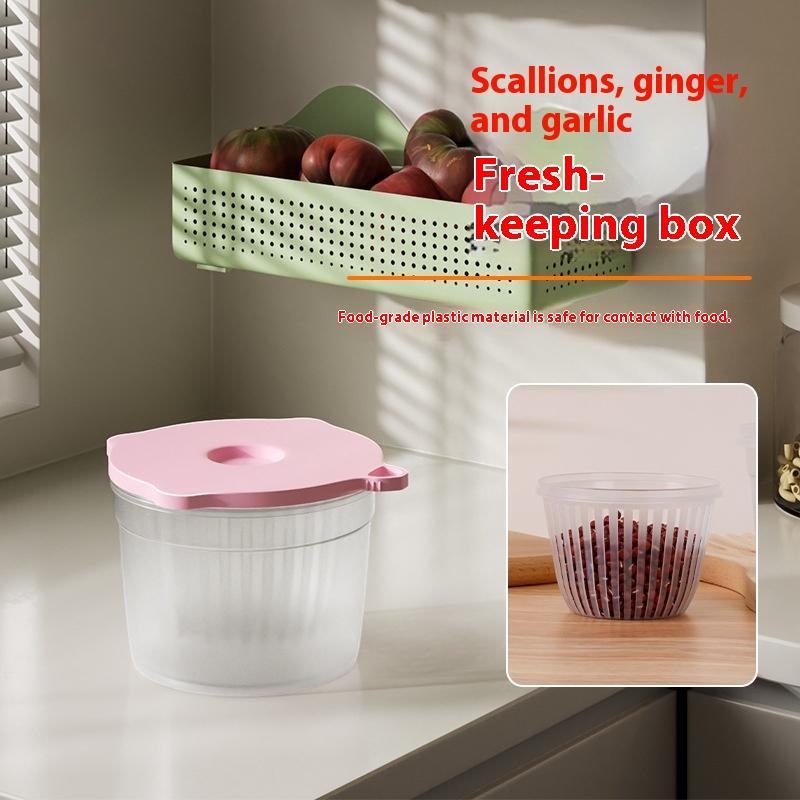 4Pcs Green Onion Fresh-Keeping Box With Lid Double-Layer Drainage Round Plastic Refrigerator Sealing Box Household