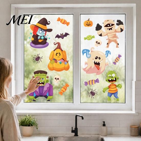 Decorative Decals for Store Windows Halloween Static Window Clings, Cartoon Ghost Pumpkin Witch Monsters Decals, Waterproof Easy Apply Ornament