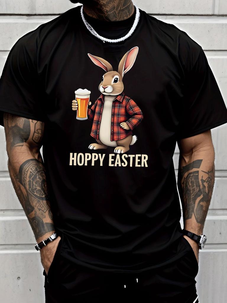 Cute Easter Bunny Holding Beer Hoppy Easter Front Graphic Print Unisexs Crew Neck Short Sleeve Tee Casual Daily Soft Basic Wear Top