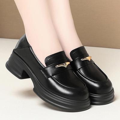 Loafer mit dicker Sohle Damen Echtleder Britisch Retro Plateau Lederschuhe Dicke Absätze Schwarz Einzelne Schuhe