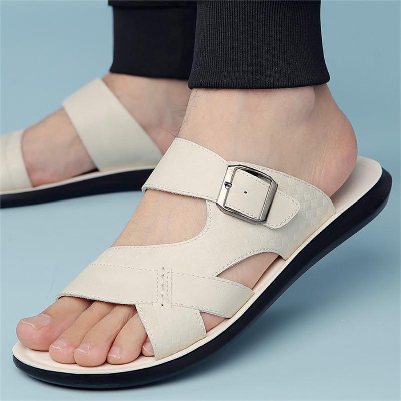 Slippers for Men 2025New Casual Slipper Summer Open Toe Beach Shoes Outdoor Non-slip Flat Slides Lightweight PU Leather Slippers