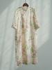 Johnature Women Vintage Print Floral Dress Stand Seven Sleeve Summer Button Chinese Style Dresses