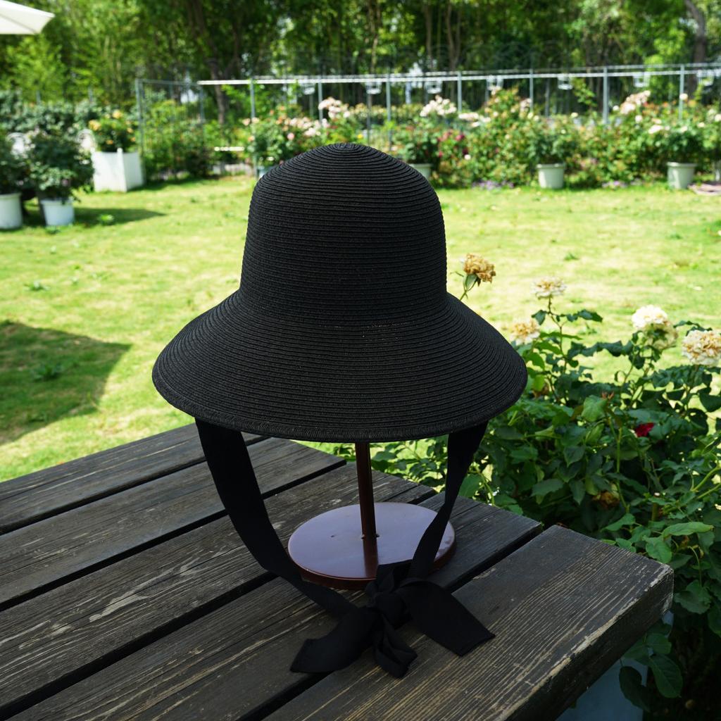 Japanese Retro Black Lace-Up Wide-Brimmed Hepburn Elegant Basin Hat Top Hat Women'S Summer Vacation Sunshade Sunscreen Small Straw Hat