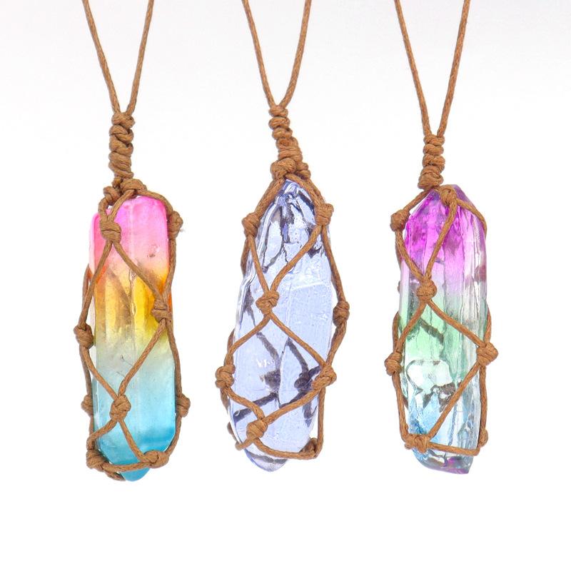 Natural Stone Crystal Column Mesh Pocket Hand-Woven Necklace Pendant, Adjustable N562