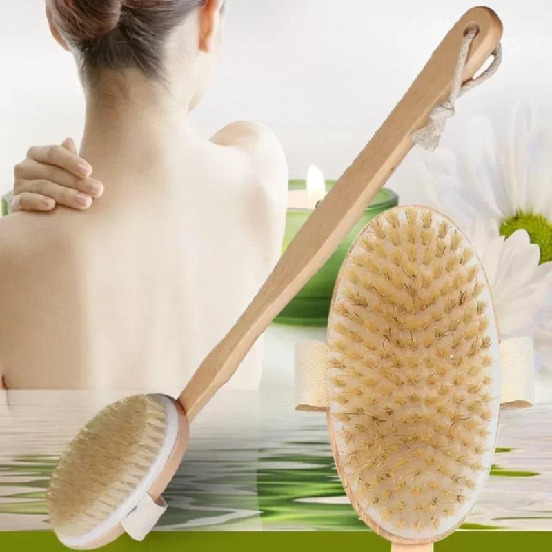 Spazzola per doccia con setole naturali e manico lungo in legno staccabile, esfoliante per pelle secca, per massaggio corpo e bagno