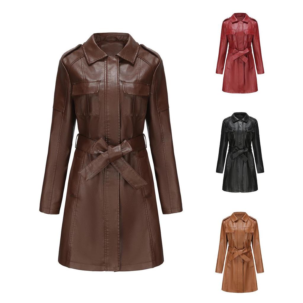 2023 European & American Mid-Length Belted Leather Trench Coat, Long Sleeve, British Style Outerwear for Women