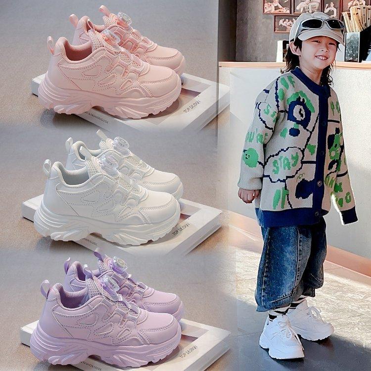 Girls Shoes 2025 Spring and Autumn Leather Waterproof Dad Shoes Student White Shoes Children Middle and Older Children Button Sports Shoes