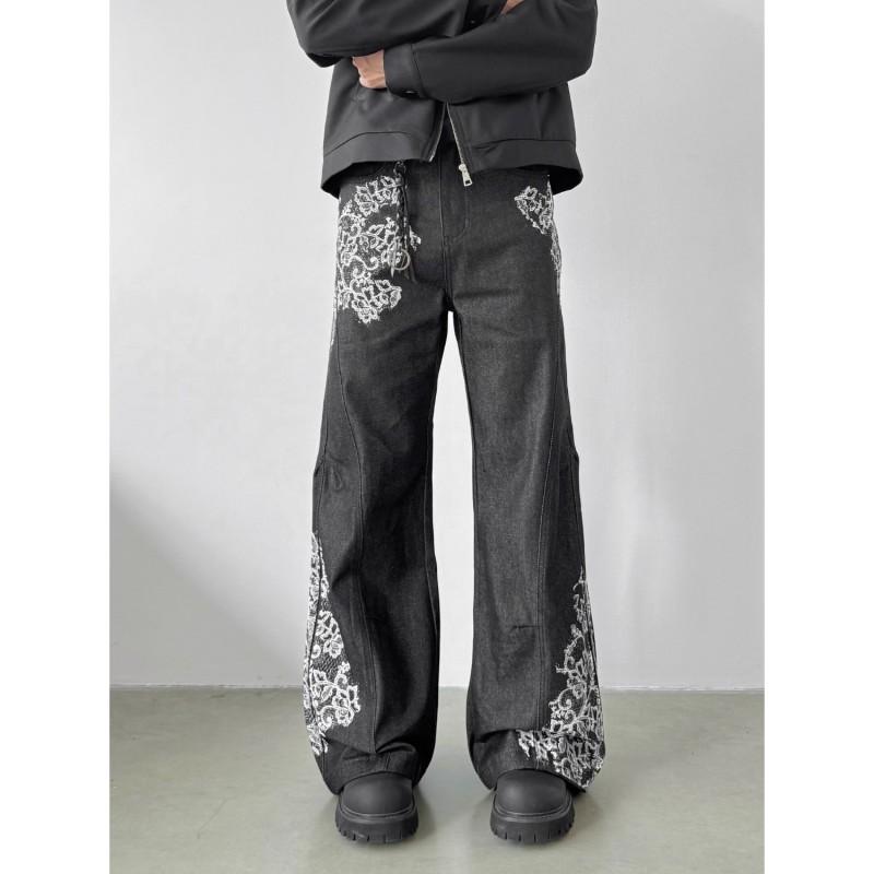 Vintage Streetwear Straight Cut Jeans Men - High Waist Loose Fit Cotton Denim Pants With Lace Print Ribbed Hem