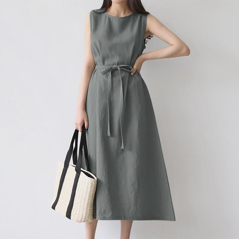 Boho Solid Long Dress for Women Crew Neck Sleeveless Tie Waist Dress Summer Casual Loose Work Vacation Dress Cotton Breathable Lightweight Soft Dress