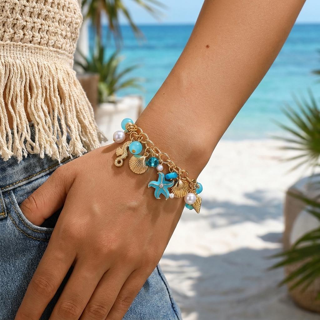 Design Sense Marine Element Pendant Bracelet for Women Imitation Pearls Conch Starfish Beaded Bracelet Bohemian Jewelry Gift