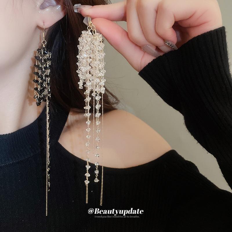 Super fairy glass bead fringed earrings fashion temperament personalized earrings niche exaggerated design earrings light luxury high sense