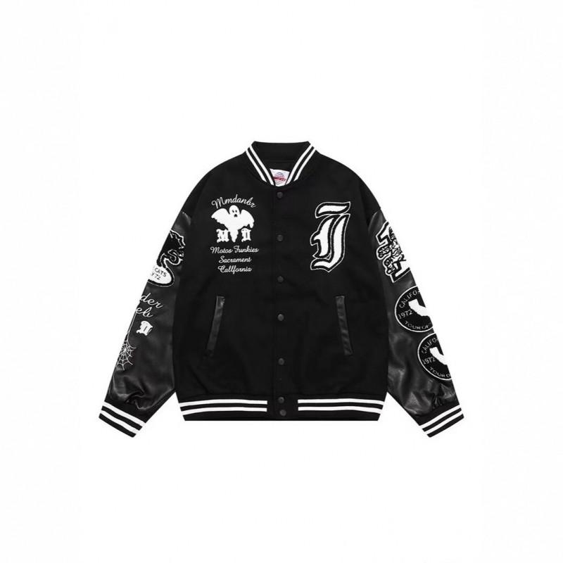 Mens Oversized Streetwear Baseball Jacket With Contrast Color Panels Embroidered Ghost Motif PU Leather Trim