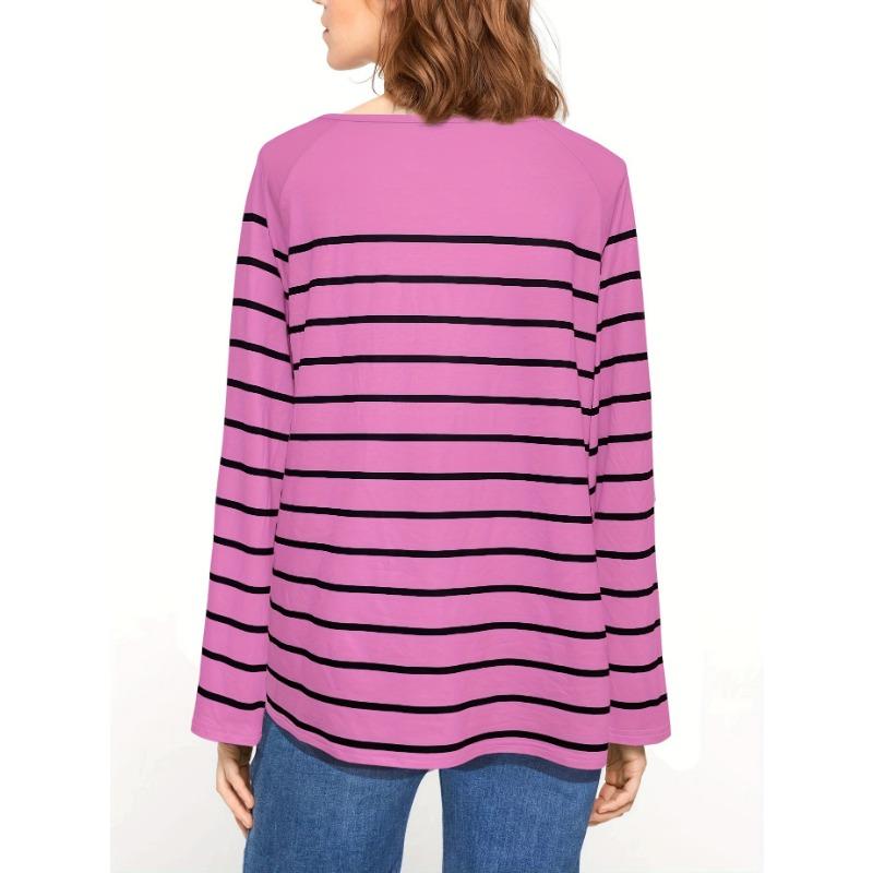 Plus Size Casual T-shirt, Women's Plus Stripe Print Button Up Long Sleeve Round Neck Pullover Slight Stretch T-shirt