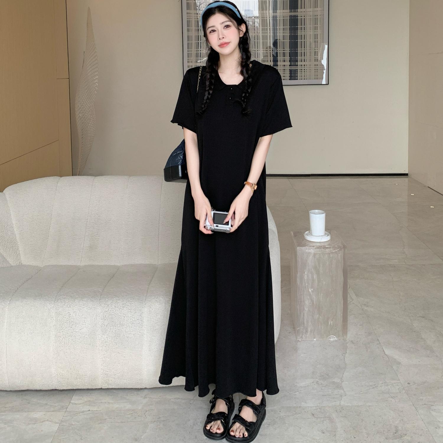 

DIMANAF 2025 Summer Plus Size Dress Women Solid Casual Vintage Shirt Dress Basic Loose Black Long Dress 3XL чёрный