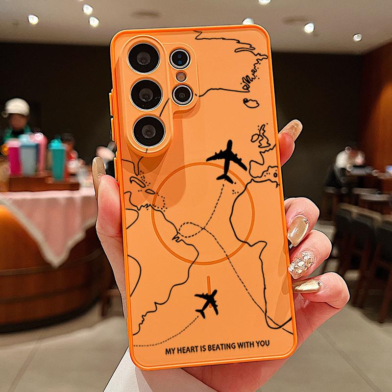Magnetic Airplane Route Pattern Phone Case For Samsung Galaxy S26 S25 Ultra Edge S24 S23 FE A57 A17 A56 A37 A16 A55 A36 5G Cover