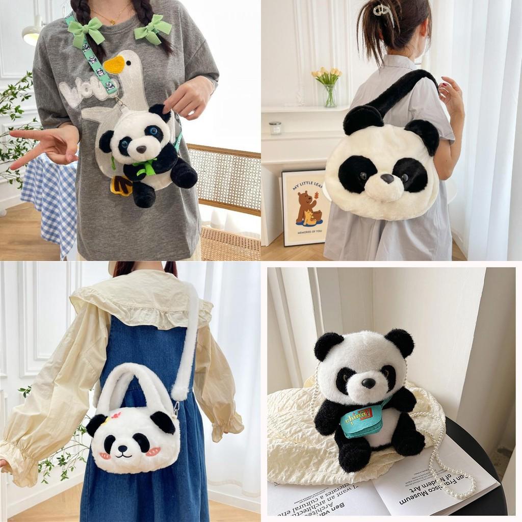 Furry Panda Embroidered Hugging Bamboo Diagonal Cross Backpack For Use Daily