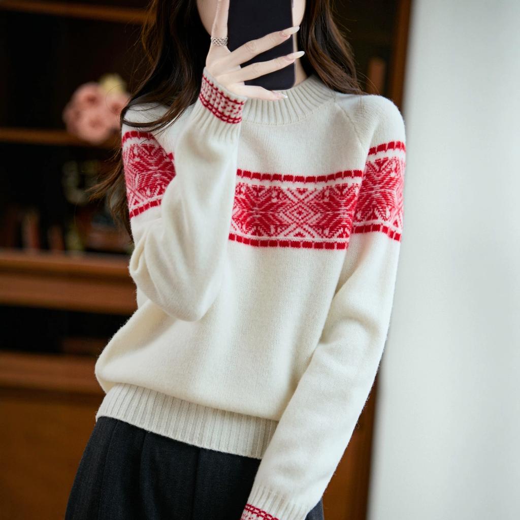 Thickened Half High-neck Knitted Sweater - Retro Jacquard - Fall/Winter Business Casual Pullover Sweater for Women Fabric: Wool