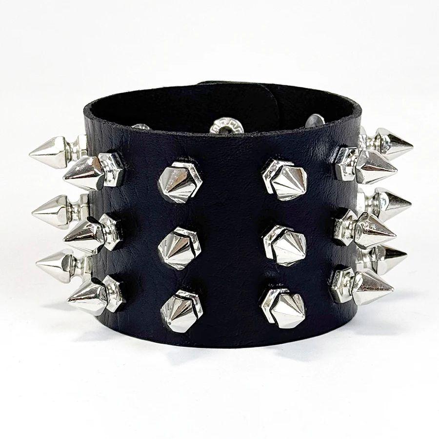 Punk Lederarmband Für 90er Jahre Männer Frauen Nieten Manschette Armreif Armband Verstellbar Schwarzes Lederarmband Metallbeschlagen Schmuck Geschenk black