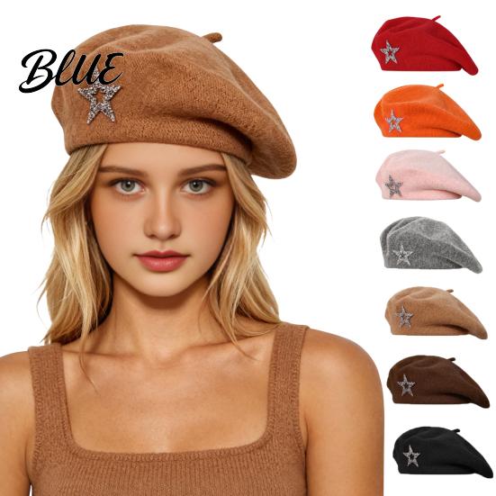 Ladies Winter Hat Women Knitted Beret for Fall Winter French Style Artist Vintage Inspired Cap with Rhinestone Star Stretchy Solid Color Knitting