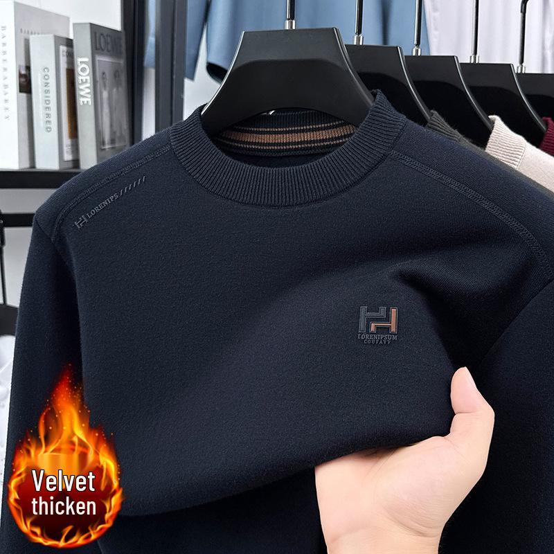 Men's 2025 Pullover Hoodie: Thickened Velvet, Solid Color, Round Neck Knitwear for Middle-Aged and Elderly Men