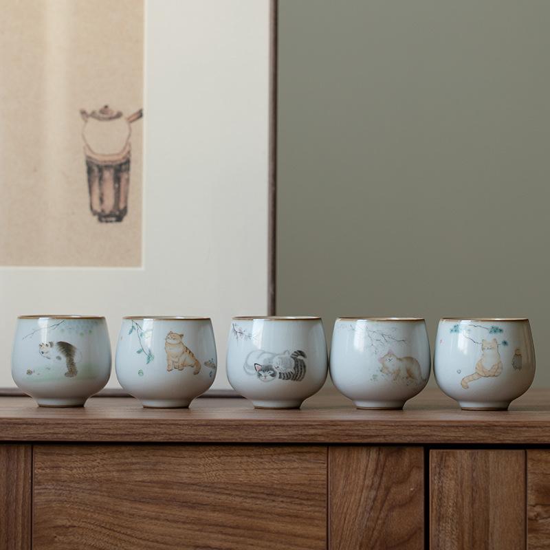 1 Pc Chinese Tradition Ru Kiln Ceramic Tea Cup Handmade Cute Cat Teacup Household Personal Tea Bowl Travel Master Cup Tea Set