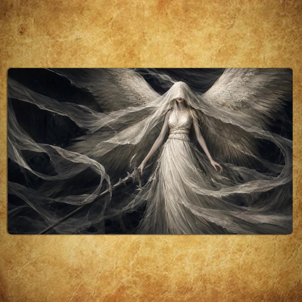 Veiled White Wing Angel TCG Playmat 35X60CM Dress Gothic Sword Magic Card Mat Non-Slip Durable Stitched Edge Tabletop Playmat