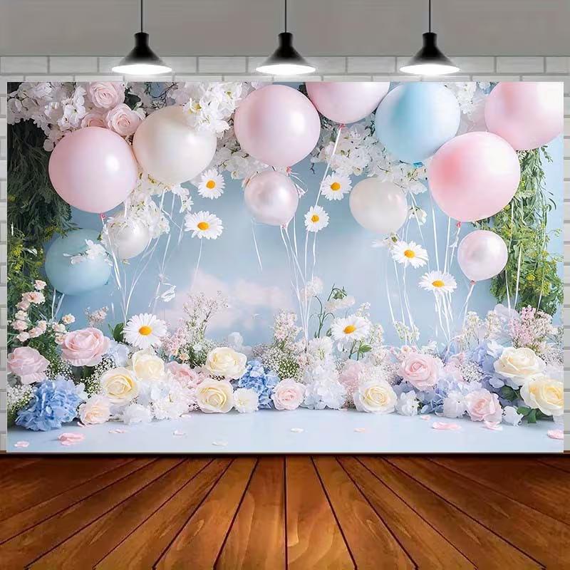 

Romantic Pastel Balloon and Flower Backdrop Pink Blue Themed Background Banner for Girls 47.2x31.5inch/120*80cm