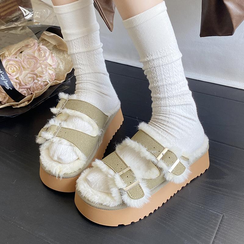 Fashion Aphixta Luxury Platform Furry Slippers Women Warm Slippers Shoes Buckle Design Fur Insole Women Winter Footwear Size 42