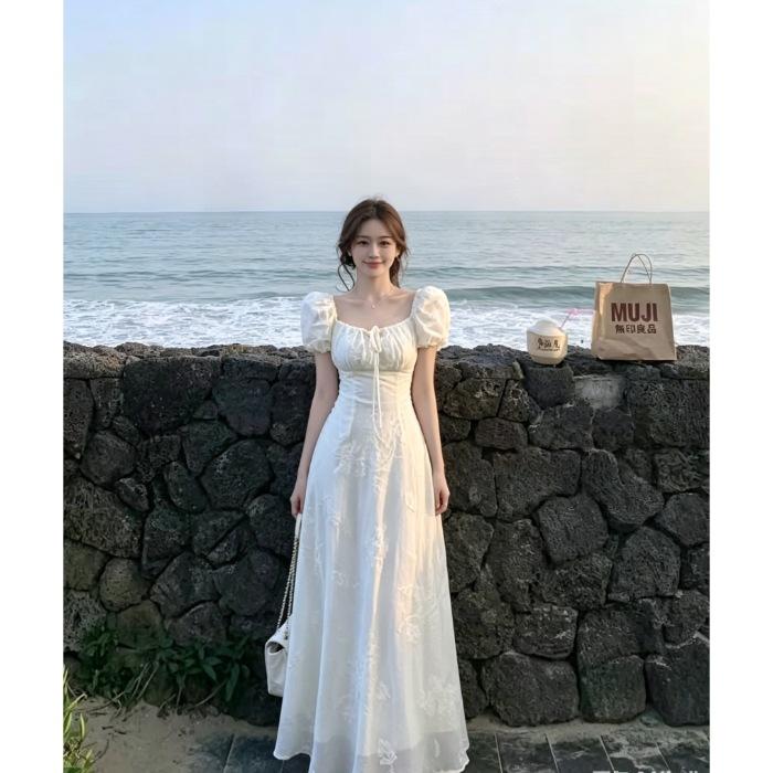 Square Neck Bubble Sleeve Waist Dress Women's Summer French Gentle Wind Embroidery Thin Long Temperament First Love Dress