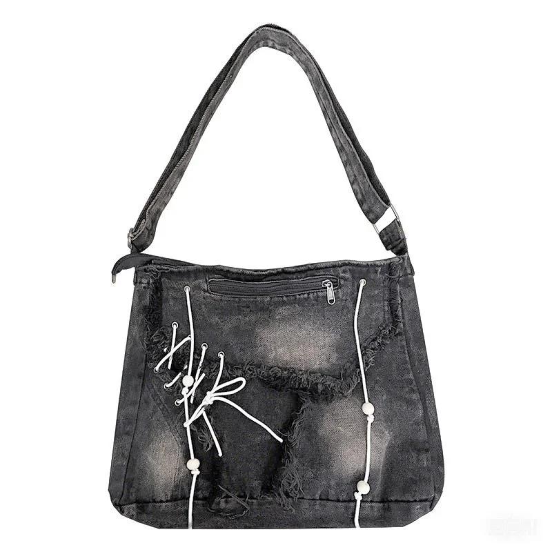 Washed Denim Women Shoulder Bag Large Capacity Student Zipper Messager Handbags