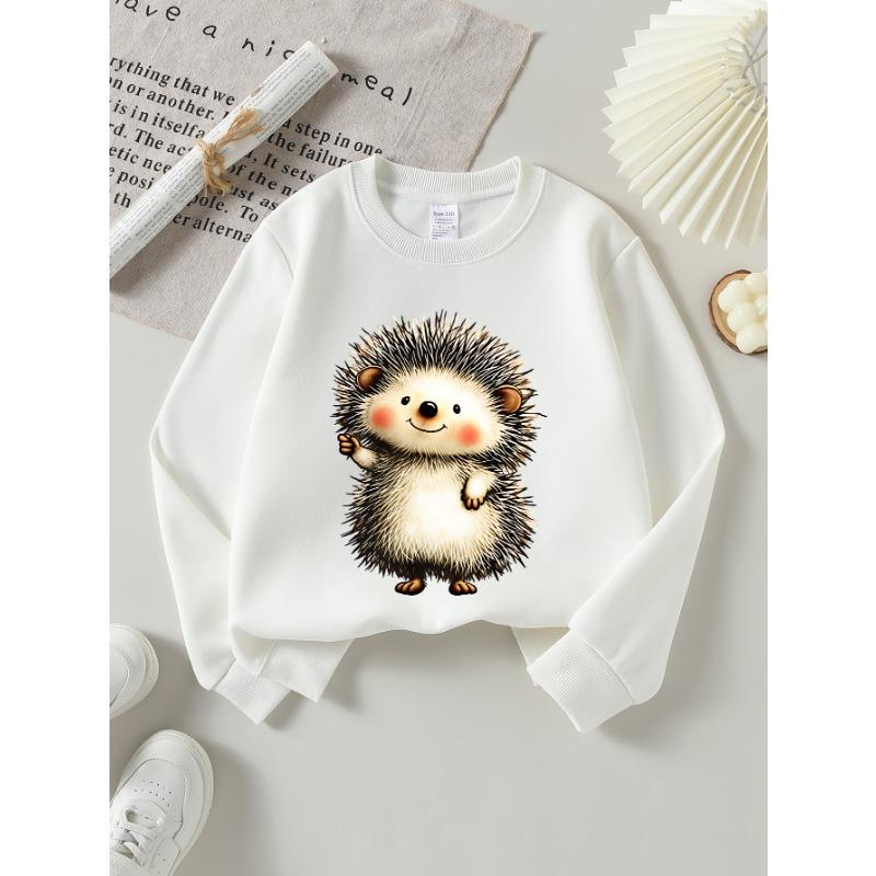 European Sizes Kids Sweatshirts, Girls' Autumn Winter Cute Hedgehog Cartoon Print Long Sleeve Round Neck Sweatshirt, Casual Daily Wear.