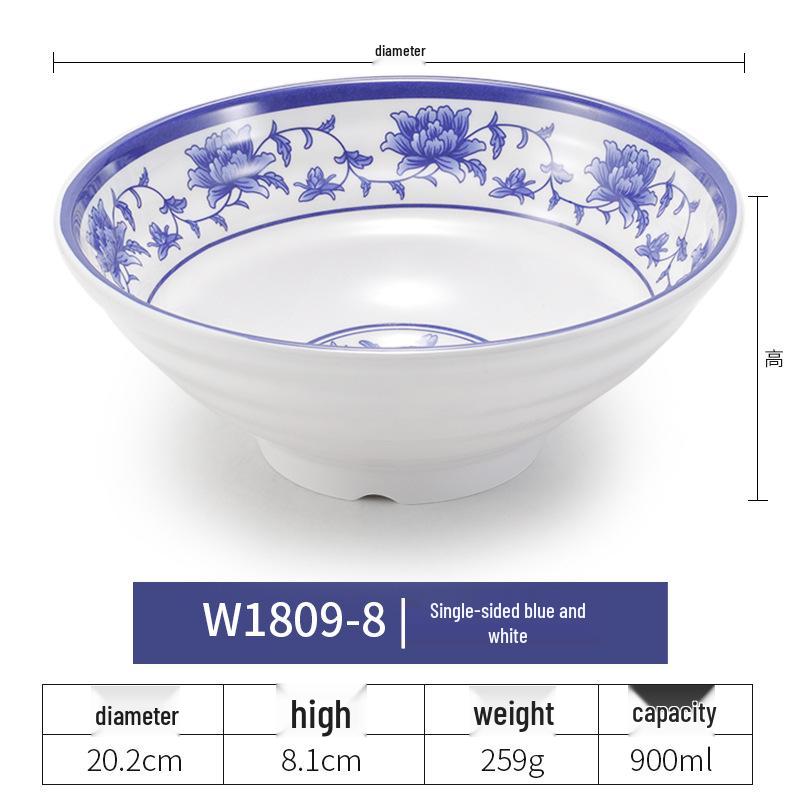 Blue & White Melamine Noodle Bowl: Imitation Porcelain Tableware for Ramen, Soup, Wonton, or Beef Noodles in Noodle Shops