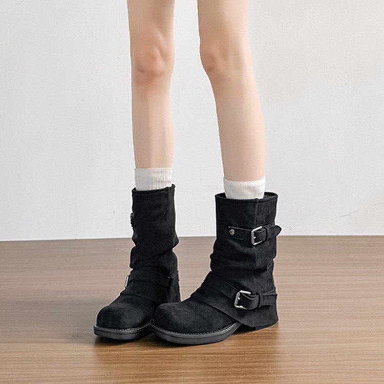 Thick-soled Western Cowboy Pleated Piled Boots Women's Autumn and Winter Retro Knight Thick Heel Trousers Short Boots Women