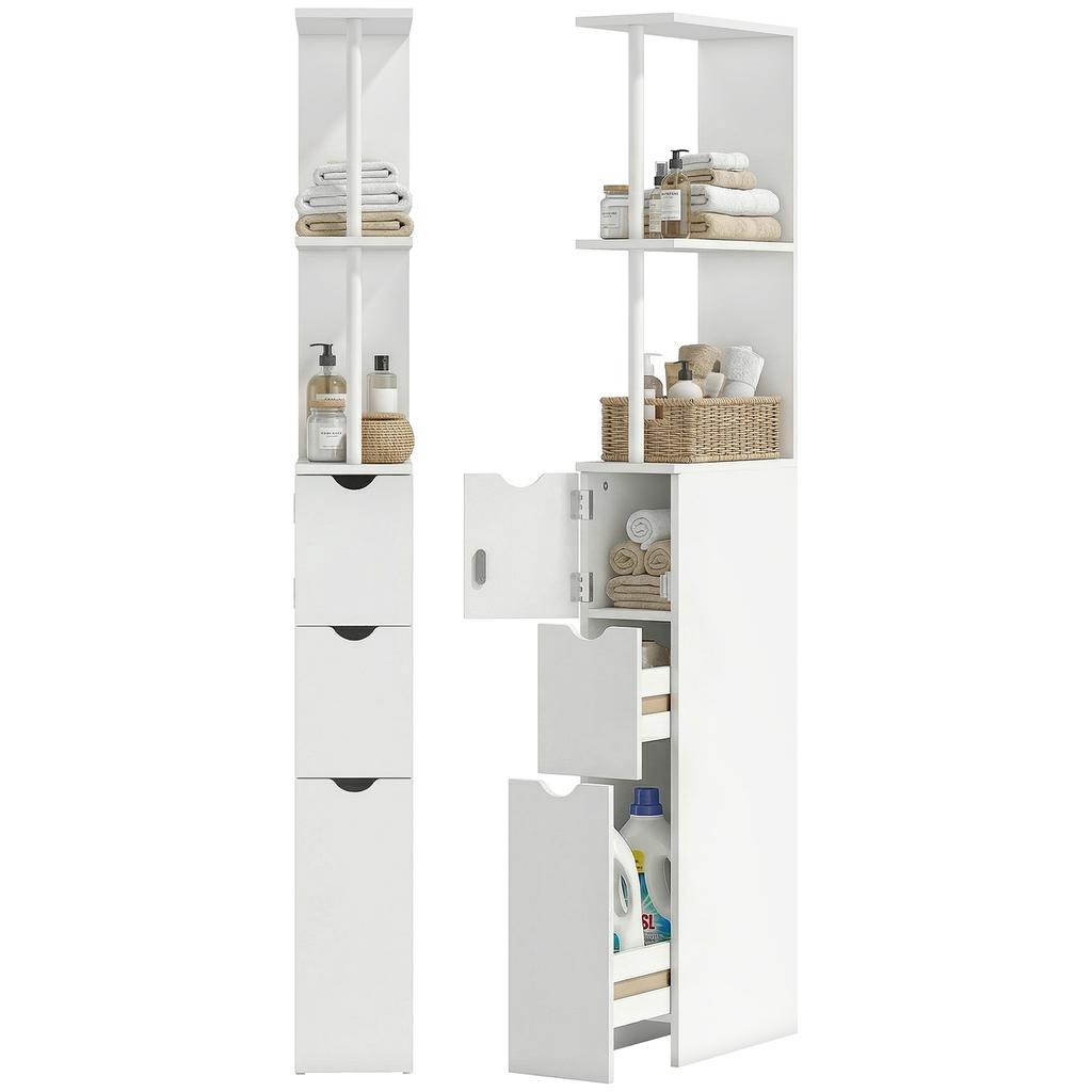 Slim Bathroom Storage Cabinet with Drawers, Tall Bathroom Cupboard with 2-Tier Shelf, White