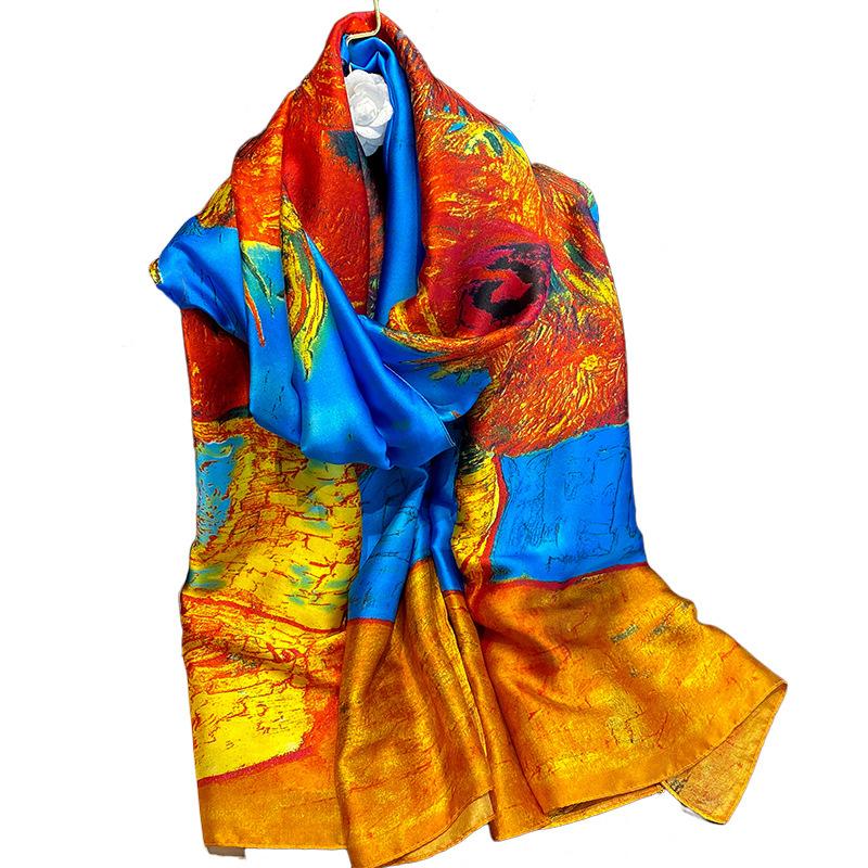 Van Gogh Oil Painting Silk Scarf Women Luxury Brand Sunflower Print Shawl Femme Summer Beach Sunscreen Wraps Long Hijab Foulard