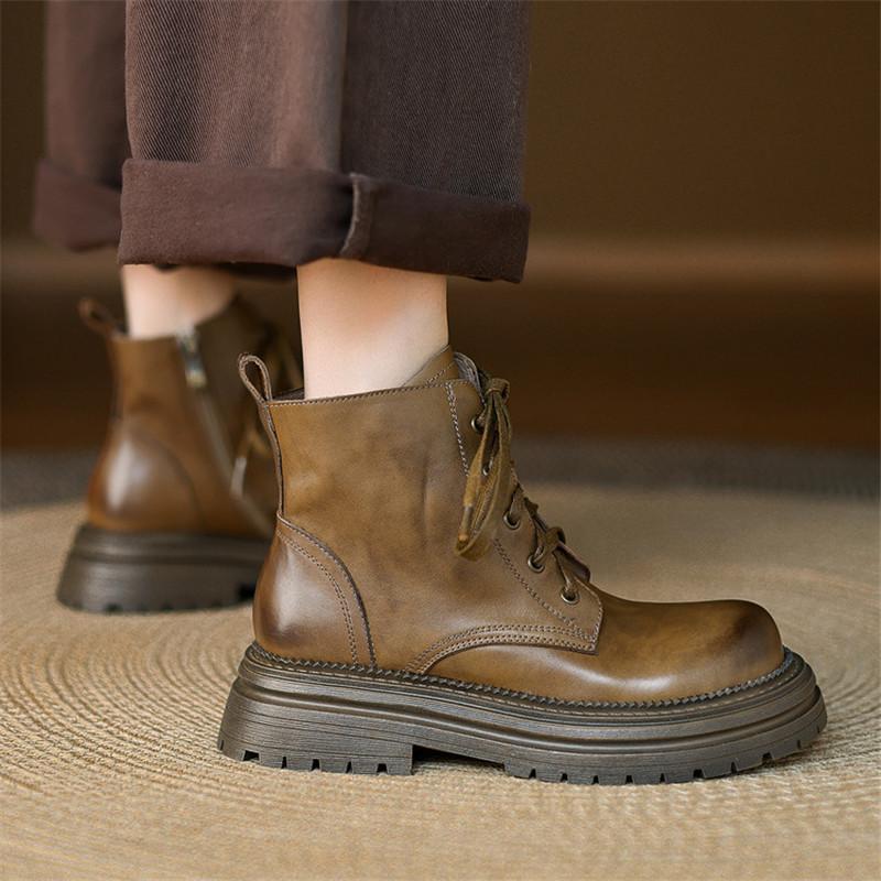 Fashion New Autumn/winter Genuine Leather Women Boots Round Toe Platform Shoes for Women Fashion Boots Mid Heels Lace Work Boots