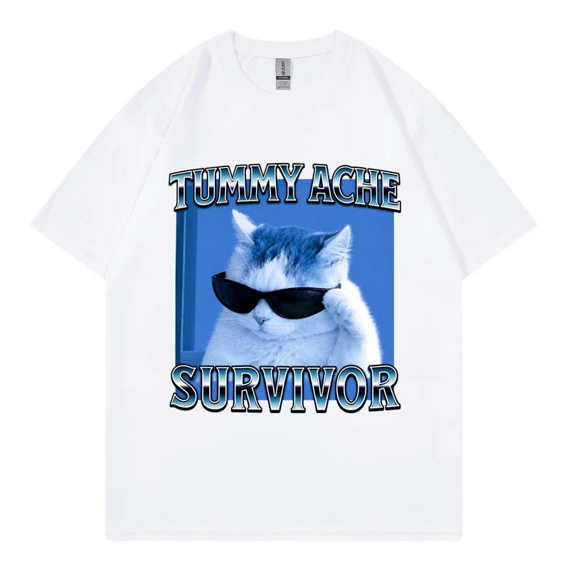 Tummy Ache Survivor Funny Cat Meme Tshirt Unisex Unisex Casual Comfort Short Sleeve Tshirts High Quality Fashion Oversized T Shirt