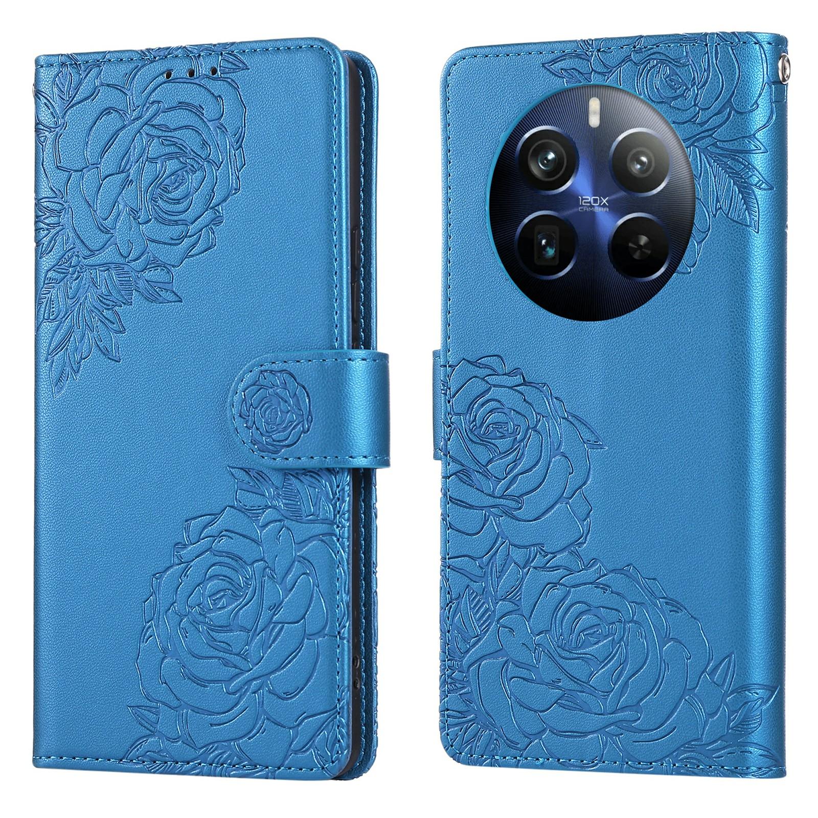 

PU Leather Case For Realme Narzo 70 5G/Narzo 70 Pro 5G/P1 5G Rose Flower Wallet Phone Cover with 3 Card Slot Blue