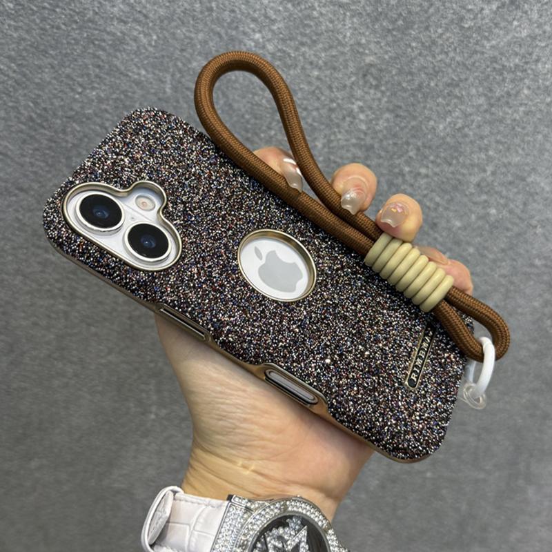 Luxury Glitter Diamond Rhinestone Case For iPhone 12 13 14 15 16 Pro Max Plus Bling Sparkling Shockproof Wrist Strap Cord Cover
