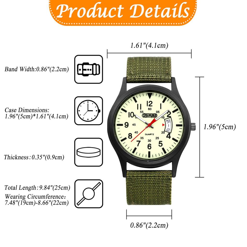 Simple Waterproof Luminous Arabic Military Style Luminous Quartz Large Dial Green Men's Watch Numerals, Watch, 24-Hour Pointer, Movement, -
