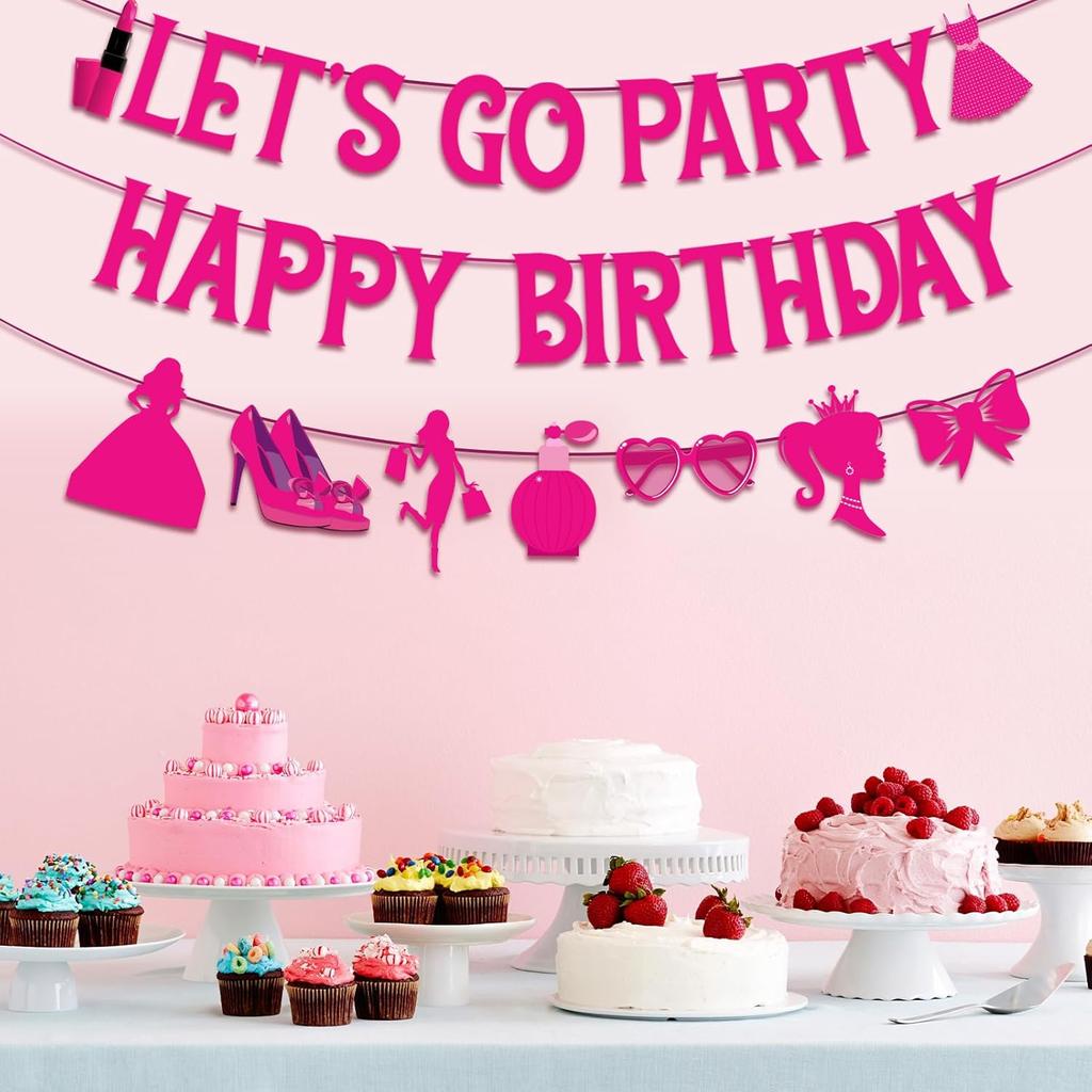 Let's Go Party Happy Birthday Banners for Women, Hot Pink Princess Banners for Girl Doll Theme Party Ladies Birthday, Cute Photo Backdrop, 21st Bday