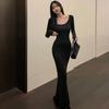 Spice girl sexy long-sleeved dress women's autumn new coffee bottom long dress slim fishtail hip skirt